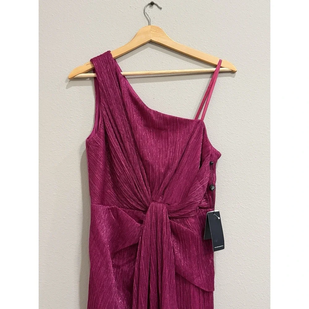 Adrianna Papell Stardust One-Shoulder Gathered Gown Magenta Pink Size 10 - Picture 5 of 16